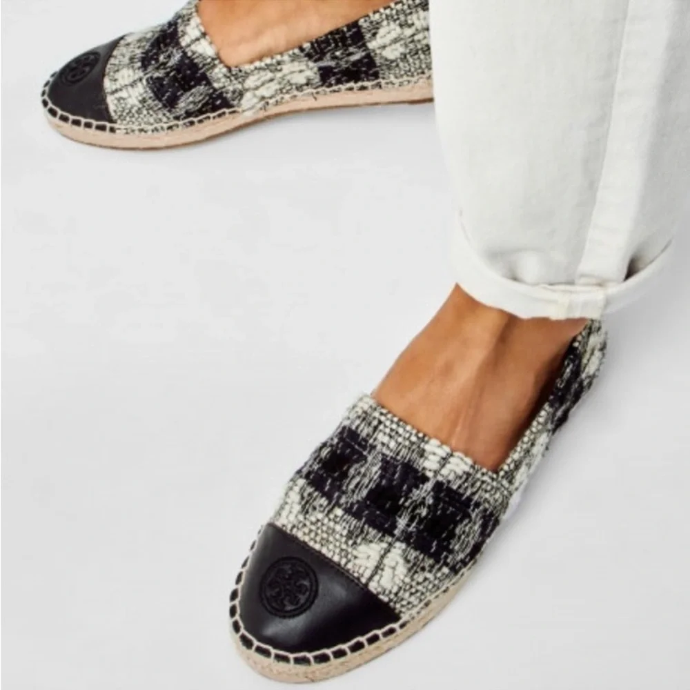 Tory Burch Wool Color Block Flat Espadrille White/Black- leather